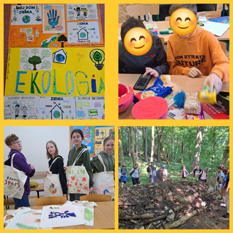 Zdjęcie ukazuje różnorodne działania edukacyjne związane z tematyką ekologii. Na górnym lewym kadrze widzimy kolorowe plakaty stworzone przez uczniów, promujące ochronę środowiska i hasła takie jak „Mój dom Ziemia” oraz „Ekologia”. Na górnym prawym zdjęciu dwoje dzieci zajmuje się projektami w klasie, używając materiałów plastycznych i przedmiotów do recyklingu, co rozwija ich kreatywność. Dolny lewy kadr przedstawia uczniów z własnoręcznie wykonanymi torbami wielokrotnego użytku ozdobionymi motywami roślinnymi i hasłami proekologicznymi. Dolne prawe zdjęcie ukazuje grupę dzieci w lesie, stojących obok dużego kompostownika, co sugeruje naukę o recyklingu odpadów organicznych. Wszystkie te sceny podkreślają zaangażowanie w edukację ekologiczną oraz kształtowanie postaw proekologicznych poprzez praktyczne i kreatywne działania.