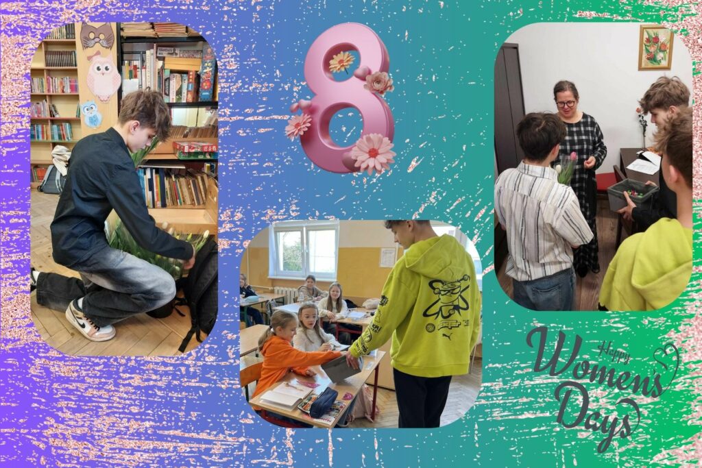 Na tym kolażu uwieczniono momenty obchodów Dnia Kobiet w naszej szkole. Zdjęcie po lewej: Chłopiec w czarnej koszuli kuca obok plecaka i przygotowuje kwiaty do rozdania. Scena ma miejsce w bibliotece, co widać po regałach pełnych książek oraz ścianie ozdobionej ilustracjami sów. Zdjęcie na dole pośrodku: Chłopiec w żółtej bluzie podaje upominek jednej z uczennic w klasie. Dziewczynki przyjmują go z uśmiechem, a reszta klasy przygląda się temu miłemu gestowi. Zdjęcie po prawej: Chłopcy wręczają nauczycielce kwiaty. Kobieta, ubrana w czarną sukienkę w kratkę, przyjmuje je z wdzięcznością. Obok uczniów znajduje się pudełko, prawdopodobnie z kolejnymi upominkami dla innych kobiet. Centralny element kolażu: Różowa cyfra "8" ozdobiona kwiatami, nawiązująca do 8 marca. W prawym dolnym rogu napis „Happy Women’s Day” .