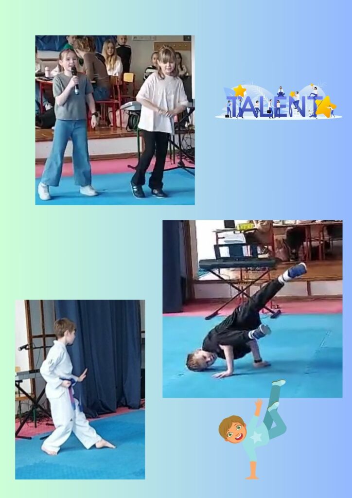kolarz trzech zdjęć. Pierwsze zdjęcie przedstawia dwie dziewczynki Jedna z nich trzyma mikrofon druga tańczy w tle widać dzieci siedzące na krzesłach. Drugie zdjęcie to chłopiec tańczący breakdance kropka trzecie zdjęcie przedstawia chłopca w pokazie karate. Na zdjęcia znajdują się na tle niebiesko-zielonym na nim również są umieszczone grafiki Jedna z nich to napis Mam Talent w kolorze niebieskim z żółtymi gwiazdkami i drobnymi małymi ludzikami druga grafika to chłopiec stojący na ręku z nogami do góry.