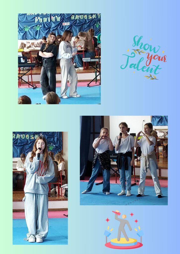 Zdjęcie to kolaż trzech fotografii na zielono-niebieskim tle kropka pierwsze zdjęcie przedstawia dwie dziewczyny jedna ubrana na czarno druga ubrana na jasno. Dziewczyny stoją do siebie bokiem stykając się jednym ramieniem je. Jedna z dziewcząt ma założone ręce na piersi Druga nimi macha. W tyle widać inne osoby siedzące przy stolikach. Drugie zdjęcie przedstawia trzy dziewczyny a stojąca obok siebie. Dziewczynka w środku trzyma mikrofon wyraźnie widać że śpiewa dwie dziewczynki obok mają ułożone ręce w kształt serduszka palce. Trzecie zdjęcie przedstawia dziewczyny obroną szerokie spodnie luźną bluzę w szarych kolorach trzymającą mikrofon śpiewającą. Na kolarzu umieszczono dwie grafiki jedna to napis show you talent druga to grafika postaci stojącej na scenie trzymającej mikrofon.