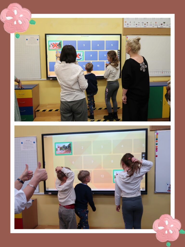 – Kolaż przedstawia dwa kadry, na których widać dzieci ćwiczące z tablicą multimedialną. Na obu kadrach w centrum znajduje się duży, interaktywny ekran z kolorowymi obrazkami i cyframi. W górnej części zdjęcia dorosła osoba wskazuje na ekran, a obok stoją dzieci. W dolnej części dzieci są bardziej skupione na ekranie, a dorosła osoba unosi kciuk w geście aprobaty. Całość jest otoczona jasną ramką z kwiatowymi elementami dekoracyjnymi.