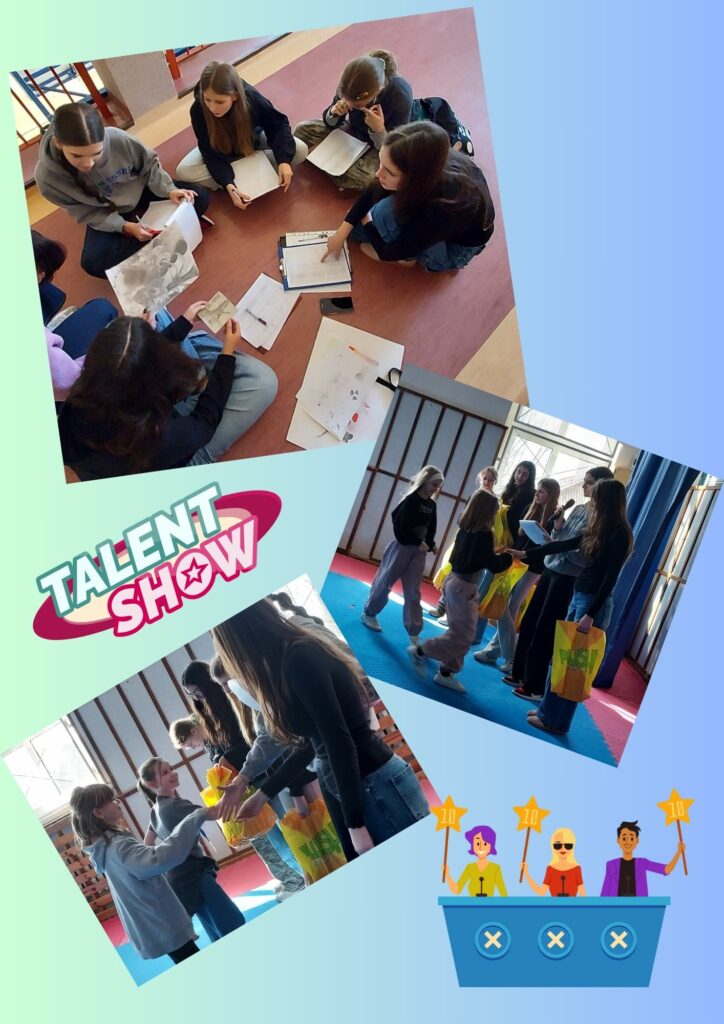 Kolarz trzech zdjęć nałożonych na siebie rogami. Na kolarzu znajdują się również dwie grafiki jedna przedstawia napis talent show druga przedstawia trzy postacie siedzące za pulpitem które podnoszą transparenty w postaci gwiazdek. Pierwsze zdjęcie przedstawia grupę dziewcząt siedzących na podłodze w kręgu przed nimi znajdują się w dokumenty zdjęcia prace długopisy. Drugie i trzecie zdjęcie przedstawiają wręczanie nagród na obu zdjęciach stoją w rzędzie dziewczęta z żółtymi reklamówkami do których podchodzą uczestnicy zwycięzcy konkursu i otrzymują nagrody.