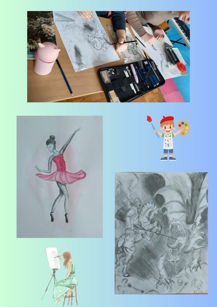 Zdjęcie to kolaż trzech zdjęć niebiesko-żółtym tle pierwsze zdjęcie przedstawia widok malujących osób. Na stoliku znajdują się prace oraz ręce artystów wykonujące daną pracę oraz narzędzia malarskie ,ołówki kredki farby. Drugie zdjęcie jest to zdjęcie obrazka który przedstawia baletnice w ruchu drugie zdjęcie jest wykonane ołówkiem przedstawia walczącego rycerza ze smokiem.