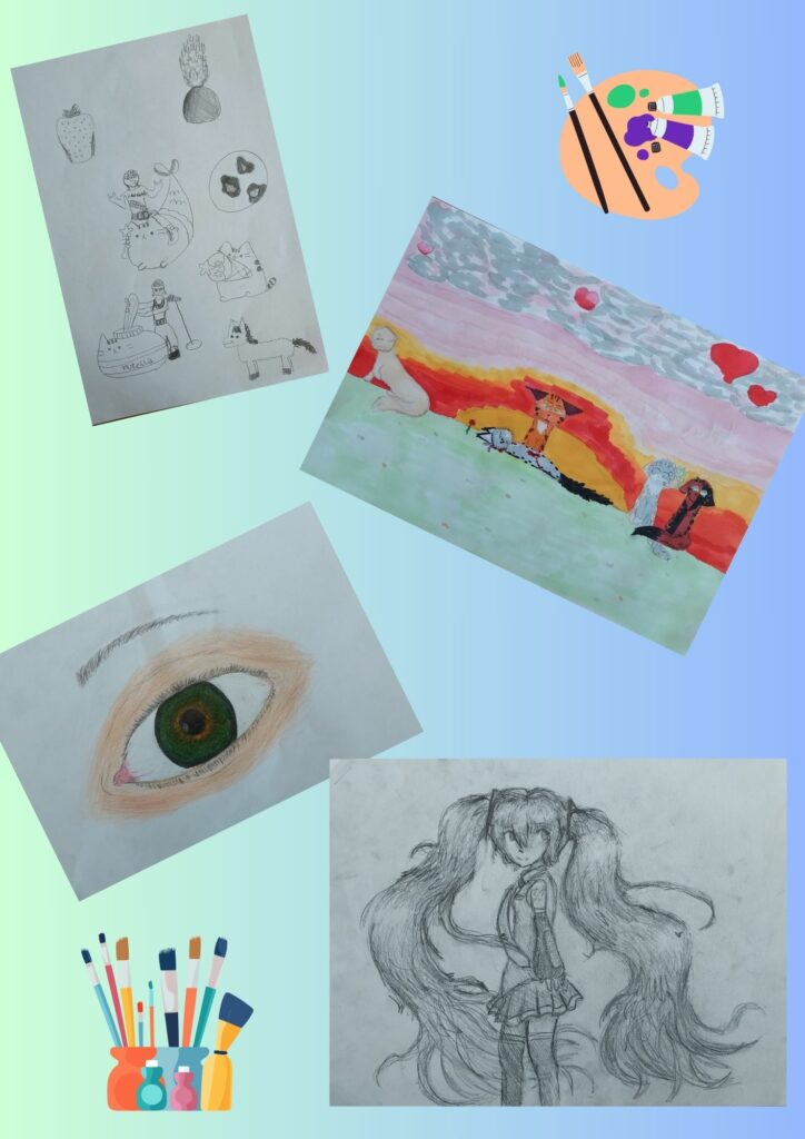 Zdjęcie do kolaż czterech zdjęć przedstawiających pracę na plastyczne. Pierwsze zdjęcie przedstawia różne postacie wykonane ołówkiem. Druga praca to kolorowa wykonana farbami mówiąca o miłości są na niej serca koty tęcza. Trzecia praca przedstawia oko wykonane kredką kolorową. Czwarta praca to rysunek mangi przedstawiające dziewczyny z bardzo długimi rozwianymi kucykami.