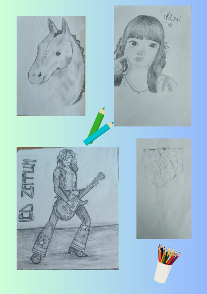 Zdjęcie do kolaż czterech fotografii na niebiesko zielonym tle kropka Pierwsza Zdjęcie przedstawia rysunek łba konia kropka drugie zdjęcie przedstawia dziewczynkę w warkoczach z grzywką trzymającą palec przy policzku. Trzecie zdjęcie przedstawia rysunek mężczyzny grającego na gitarze w szerokich spodniach z rozpiętą kurtką. Obok jest napis Led Zeppelin. Czwarte zdjęcie to rysunek kwiatu. Wszystkie prace wykonane są ołówkiem. Na zdjęciu znajdują się również grafiki przedstawiające Kolorowe kredki jedne luzem inne umieszczone w kubku.
