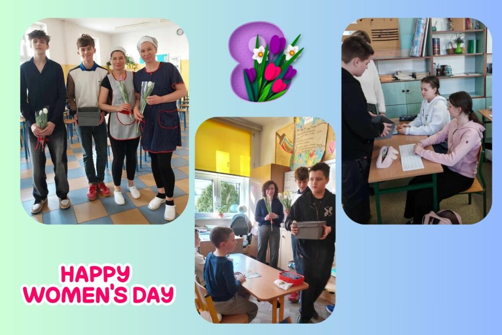 Na kolażu znajduje się kilka zdjęć przedstawiających obchody Dnia Kobiet w szkole. Przedstawia uczniów wręczających kwiaty i prezenty nauczycielkom, pracowniom szkolnym oraz koleżankom z klasy z okazji Dnia Kobiet. Atmosfera na zdjęciach jest radosna i pełna emocji. Zdjęcie po lewej stronie – W szkolnej stołówce dwie kobiety ubrane w fartuchy oraz dwóch chłopców. Wszyscy trzymają się w ramionach kwiatów. Podłoga ma wzór w niebiesko-pomarańczowe płytki, aw tle widać stoły i krzesła. Zdjęcie w głównym rogu – Dwóch chłopców stoi przy stoliku, przy którym siedzą dwie dziewczyny. Jeden z chłopców trzyma w pudełko z cukierkami i częstuje dziewczynki. W tle widoczne półki z książkami, przyborami szkolnymi i dekoracjami. Zdjęcie w dole – W klasie dwóch chłopców wręczyło kwiat dla nauczycielki która stoi z kwiatem przy biurku i uśmiechają się. Jeden z chłopców trzyma pudełko, a drugi ma kwiaty. W tle znajduje się tablica z kolorowymi rysunkami i napisami, a przez okno wpada naturalne światło. Centralna grafika na grafice znajduje się cyfra „8” w kolorze fioletowym, udekorowana kwiatami (tulipany i żonkile), co nawiązuje do Dnia Kobiet (8 marca). Tekst na dole – Napis „WSZYSTKIEGO DNIA KOBIET” w różowym kolorze zaznaczonym, który świętują uczestników wydarzeń.