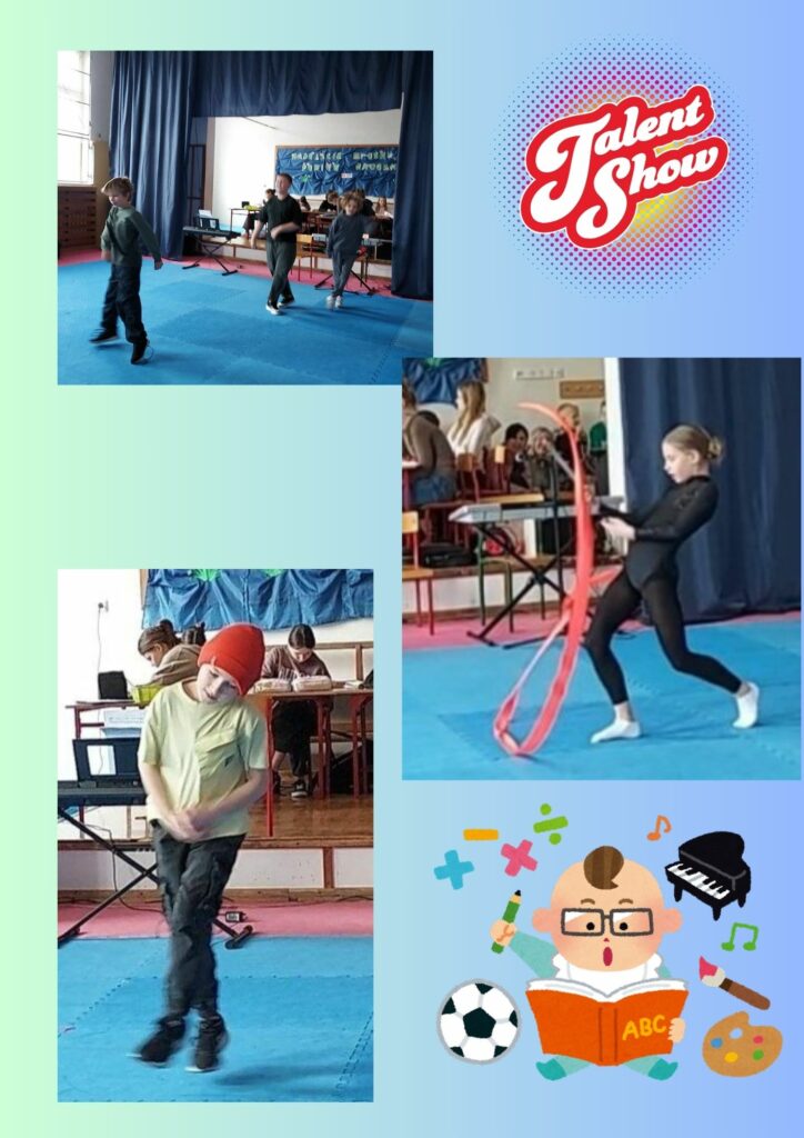 Kolaż trzech zdjęć ułożonych na niebieskim tle pierwsze zdjęcie u góry przedstawia trzech chłopców tańczących na sali gimnastycznej w tyle widać dekoracje zasłony. Drugie zdjęcie to dziewczynka tańcząca z czerwoną szarfą dziewczynka Ubrana jest czarny strój kropka trzecie zdjęcie to chłopiec ubrany w ciemne spodnie jasną koszulę i czerwoną czapkę tańczący break dance stoi lekko z przechyloną głową. Całość kolażu jest w barwach zielono-niebieskich kropka na tyle kolażu znajdują się dwie grafiki pierwsza to chłopiec trzymający książkę w ręku oraz ołówek kropka Wokół niego znajduje się fortepian paleta z farbami pędzel piłka nożna znaki matematyczne. Druga grafika to napis talent show napisane ozdobną czcionką.