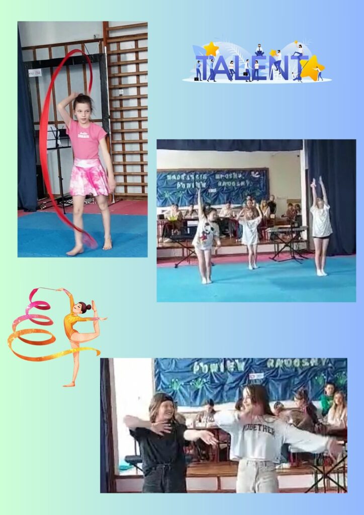 Kolaż zdjęć przedstawiający tańczące dzieci. Pierwsze zdjęcie przedstawia dziewczynkę tańczącą z czerwoną szarfą dziewczynka Ubrana jest w spódniczkę i różową koszulkę jest na boso. Drugie zdjęcie przedstawia trzy dziewczynki tańczące a stoją one na środku sali z rękoma wzniesionymi w górę. Trzecie zdjęcie przedstawia dwie dziewczynki tańczące mają one zwrócone twarze ku sobie i przychylone ręce w lewą stronę. Na kolarzu znajdują się dwie grafiki jedna przedstawiająca napis Mam Talent druga grafika to dziewczynka tańcząca z szarfą w kolorach żółci.