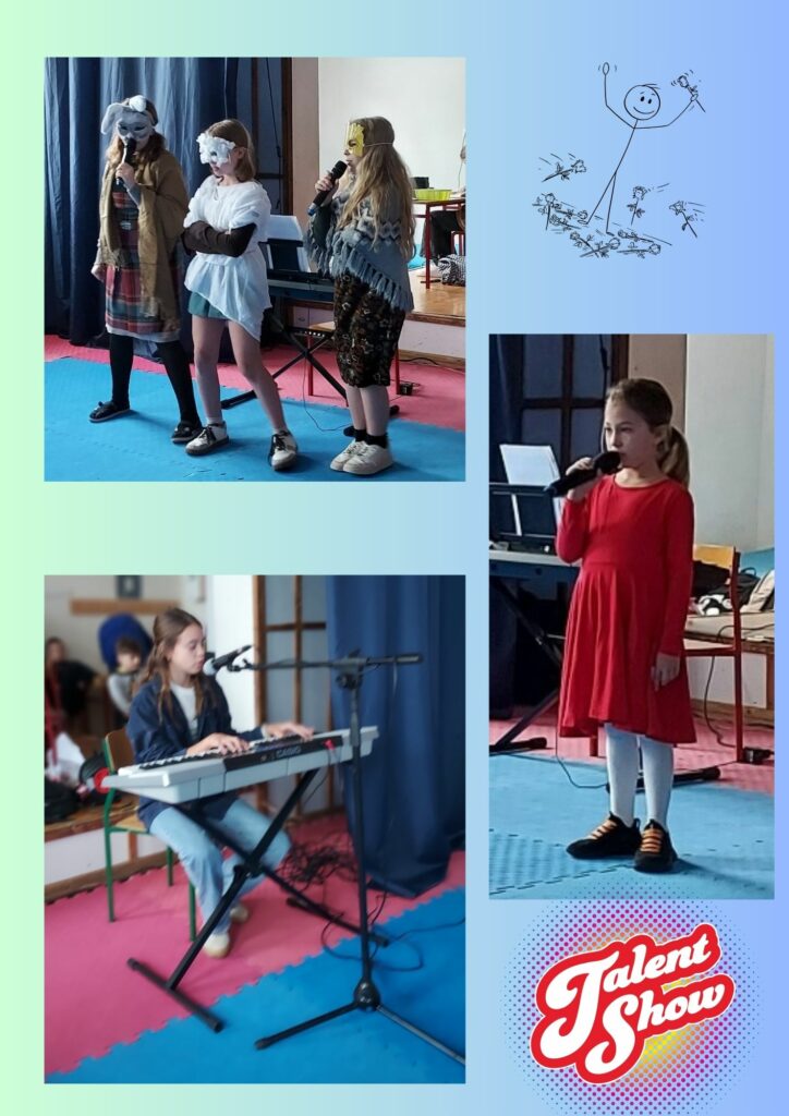 Kolaż trzech zdjęć na żółto-zielonym tle kropka pierwsze zdjęcie przedstawia trzy dziewczyny dwie z nich posiadają mikrofon trzecia pośrodku złożone ręce na piersi. Wszystkie trzy dziewczyny są przebrane i mają na sobie karnawałowe maski. Drugie zdjęcie to dziewczynka ubrana w czerwoną sukienkę trzymająca mikrofon. Trzecie zdjęcie przedstawia dziewczynkę siedzącą za elektrycznym pianinem przed nią stoi mikrofon dziewczynka gra. Na grafice znajdują się rysunek postaci przedstawiającej zwycięstwo wokół niego lecą kwiaty i druga grafika to napis talent show.