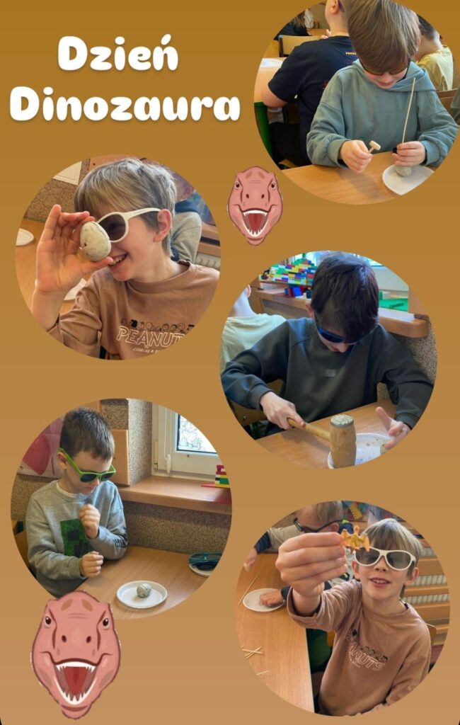 Na kolażu znajduje się kilka zdjęć przedstawiających dzieci biorące udział w warsztatach paleontologicznych. 1. Główne motywy – dzieci pracują przy stolikach, używając różnych narzędzi, aby odkrywać „skamieniałości” ukryte w masie gipsowej. Każde dziecko ma na talerzyku swoją próbkę i delikatnie ją wydobywa przy pomocy patyczków, młotków czy dłutek. 2. Szczegóły – niektóre dzieci noszą okulary ochronne, co sugeruje, że eksperyment może być związany z precyzyjnym „wydobywaniem” elementów. Widać skupienie na twarzach uczestników oraz zaangażowanie nauczycielki, która pomaga uczniom. 3. Dekoracja – kolaż został ozdobiony grafikami szkieletów dinozaurów, co podkreśla tematykę prehistoryczną. Całość sprawia wrażenie ciekawej i edukacyjnej zabawy, która łączy naukę z praktycznym doświadczeniem.