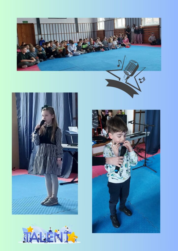 Zdjęcie to kolaż trzech zdjęć na zielono niebieskim tle kropka pierwsze zdjęcie na górze przedstawia salę gimnastyczną na której siedzi spora grupa chłopców i dziewcząt tylko osób stoi pod oknami. Drugie zdjęcie i to dziewczynka ubrana w czarno-białą sukienkę w kratkę Na głowie ma kokardę w dłoni trzyma mikrofon śpiewa. Trzecie zdjęcie przedstawia chłopca grającego na harmonijce. Chłopiec ubrany w jasną bluzę i ciemne spodnie. Na kolarzu zamieszczono grafiki pierwsza umieszczona pomiędzy drugim a trzecim zdjęciu przedstawiająca mikrofon z nutami druga grafika umieszczona w dole kolażu jest to napis Mam Talent.