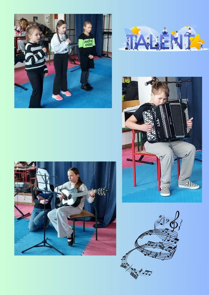 Zdjęcie to kolaż trzech fotografii na zielono-niebieskim tle na którym umieszczono poza zdjęciami w dwie grafiki jedna to napis Mam Talent druga to wirująca pięciolinia na której znajdują się nuty na końcu której jest klucz wiolinowy. Pierwsze zdjęcie w kolażu przedstawia trzy dziewczynki dwie z nich trzymają mikrofon jedna ma złożone ręce przed ciałem. Dziewczynki Stoją na sali gimnastycznej Prezentując swój talent. Drugie zdjęcie to Chłopiec siedzący na krześle i grający na akordeonie. Trzecie zdjęcie to Dziewczynka grająca na gitarze która siedzi na krześle przed nią stoi pulpit z nutami obok ktoś trzyma mikrofon nie widać twarzy.