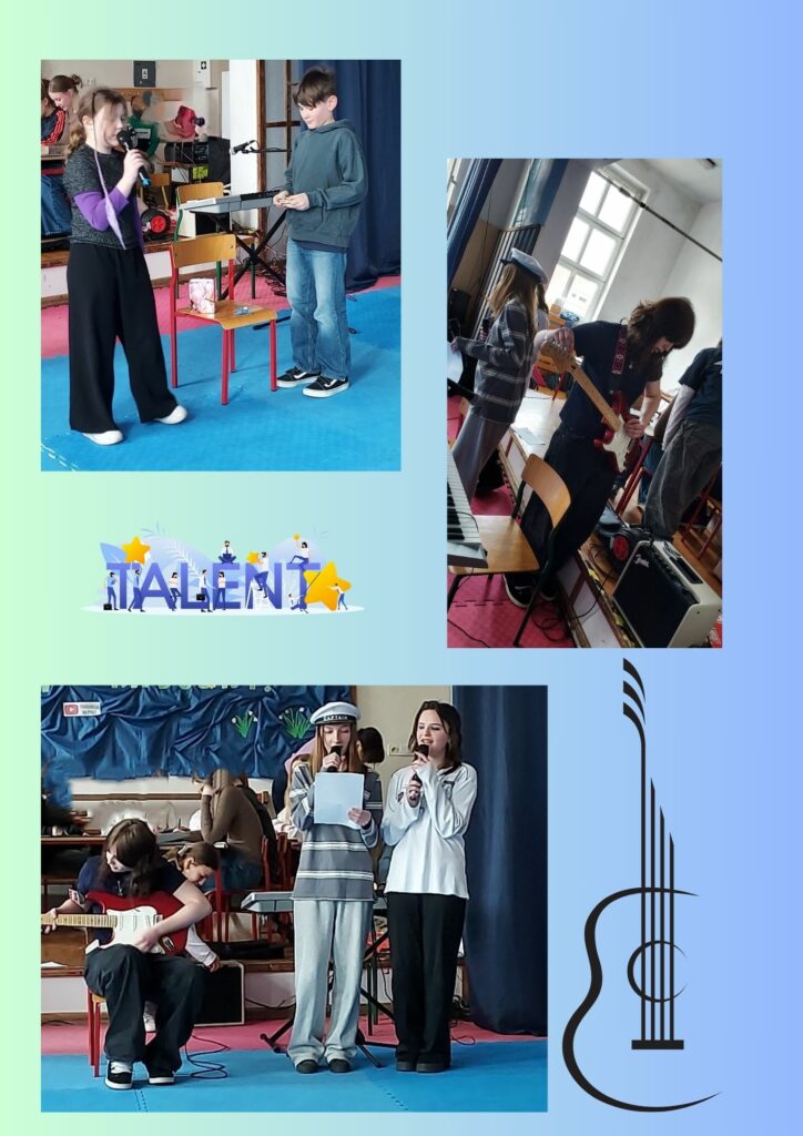 Kolarz trzech zdjęć na niebiesko zielonym tle pierwsze zdjęcie przedstawia dziewczynkę trzymającą mikrofon dziewczynka Jest ubrana w ciemne spodnie ciemną bluzkę z fioletowymi rękawami. Obok dziewczynki stoi Krzesło na którym znajdują się jakieś przedmioty kropka Z drugiej strony krzesła stoi chłopiec twarzą skierowany do dziewczynki chłopiec można sobie jeansy i szarą bluzę. Drugie zdjęcie przedstawia dziewczynę sterującą gitarę akustyczną a przy niej stoi krzesło obok niej jest dziewczynka odwrócona tyłem do fotografa w tle widać duże okno trzecie zdjęcie przedstawia trzy dziewczyny jedna siedzi na krześle a gra na gitarze twarz ma skierowaną w stronę gryfu obok niej stoją dwie dziewczyny które trzymają mikrofon i śpiewają 1. Jedna z nich ma czapkę oraz trzyma kartkę. Między zdjęciami umieszczone są dwie grafiki jedna znajduje się między pierwszym a trzecim zdjęciem i jest to napis Mam Talent druga grafika znajduje się między drugim a trzecim zdjęciem w rogu i przedstawia kontur gitarę.