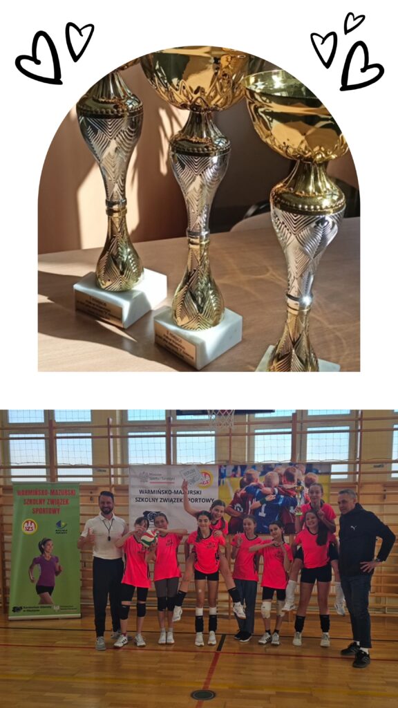 Zdjęcie przedstawia podwójny sukces sportowy. W górnej części widzimy trzy lśniące puchary, symbole zwycięstwa i osiągnięć sportowych. Prawdopodobnie są to nagrody zdobyte przez drużynę dziewcząt, którą widzimy na dolnym zdjęciu. Drużyna, ubrana w identyczne różowe koszulki, prezentuje się dumna i uśmiechnięta po udanym turnieju lub zawodach. Zdjęcie zostało zrobione w hali sportowej, na tle baneru Warmińsko-Mazurskiego Szkolnego Związku Sportowego, co wskazuje na rangę wydarzenia i lokalizację. Obecność trenera i opiekuna podkreśla zaangażowanie i wsparcie w osiągnięciu sukcesu. Zdjęcie idealnie oddaje radość i satysfakcję z osiągniętego zwycięstwa, a zdobyte puchary stanowią namacalny dowód na ciężką pracę i zaangażowanie. Zdjęcie może być wykorzystane do promocji sportu młodzieżowego w regionie Warmii i Mazur.