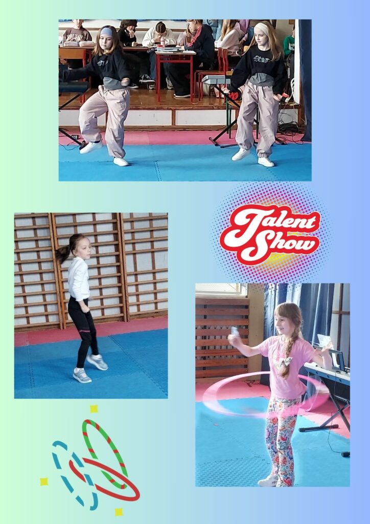 Zdjęcie to kolaż w trzech fotografii na niebiesko zielonym tle. Pierwsze zdjęcie umieszczone na górze strony to tańczące dwie dziewczynki mające na głowach opaski Jedna z nich ma różową druga niebieską. Dziewczyny ubrane są tak samo mają na sobie ciemne bluzy i jasne szerokie spodnie. W tle widać dzieci siedzące przy stolikach. Drugie zdjęcie to dziewczynka tańcząca na tle drabinek gimnastycznych. Ubrana jest wiosną bluzę i ciemne spodnie Zdjęcie przedstawia ruch dziewczynki. Trzecie zdjęcie to dziewczynka kręcąca hula hopem trzymająca coś w dłoni. Jest uśmiechnięta. Hula hop jest sfotografowany w ruchu i wygląda jak światło. Na zdjęciu znajdują się dwie grafiki Jedna z nich jest umieszczona między pierwszym a trzecim zdjęciem i jest to napis talent show druga umieszczona między drugim a trzecim zdjęciem w rogu i przedstawia trzy hula hop.
