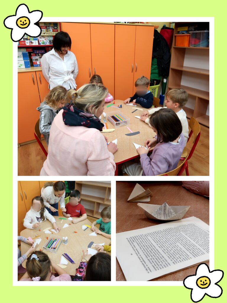 Kolaż złożony jest z trzech zdjęć. Na pierwszym z nich widać ławkę, w której siedzą siedzi. Wśród nich siedzi nauczycielka o blond włosach, pomagająca dzieciom sklejać papierowe łódeczki. W tle widać pomarańczowe szafki, przed którymi stoi nauczycielka o krótkich, czarnych włosach, która przygląda się dzieciom i ich pracy.