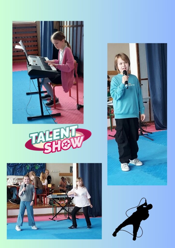 Kolaż trzech fotografii umieszczonych na niebiesko zielonym tle kropka Pierwsza Fotografia przedstawia dziewczynkę która siedzi i gra na elektrycznym pianinie. Na pianinie stoją nuty. Dziewczynka Jest ubrana w białą bluzkę różowy sweterek i spódniczkę. Drugie zdjęcie przedstawia chłopca ubranego w turkusową bluzę czarne spodnie i adidasy. Chłopiec trzyma w ręku mikrofon i śpiewa. Trzecie zdjęcie przedstawia dwie tańczące dziewczę ta jedno trzymam mikrofon za nimi widać dzieci siedzące przy stolikach oraz elektryczne pianino. Na fotografii znajdują się dwie grafiki i jedna przedstawia talent show druga to grafika osoby mężczyzny trzymającej mikrofon i śpiewającej.