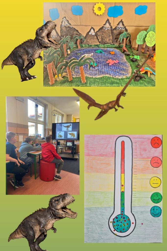 Na kolażu znajdują się trzy główne zdjęcia i kilka grafik przedstawiających dinozaury. 1. Górne zdjęcie – przedstawia makietę prehistorycznego świata wykonaną z różnych materiałów. Znajduje się tam jezioro, drzewa, góry oraz plastikowe figurki dinozaurów. Tło wykonane jest z tektury i ozdobione chmurami oraz słońcem. 2. Środkowe zdjęcie – pokazuje grupę dzieci siedzących w klasie i oglądających prezentację o dinozaurach na dużym ekranie. Widać zdjęcia różnych dinozaurów wyświetlone na monitorze. 3. Dolne zdjęcie – przedstawia rysunek termometru z kolorowym tłem. Skala temperatury ma różne kolory, a po prawej stronie znajdują się emotikony, sugerujące reakcje na zmiany temperatury – od uśmiechu do smutnej miny. Dodatkowo, kolaż jest ozdobiony grafikami dinozaurów, w tym tyranozaura i pterodaktyla, które sprawiają, że całość wygląda dynamicznie i tematycznie spójnie.
