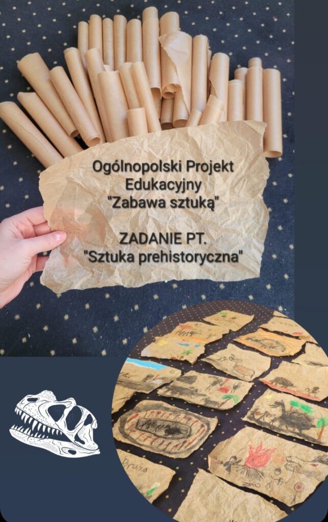 Zdjęcie przedstawia grupę dzieci biorących udział w zajęciach plastycznych, podczas których tworzą rysunki inspirowane malarstwem jaskiniowym. Opis zdjęcia: Składa się ono z sześciu mniejszych ujęć, na których dzieci pracują przy stolikach, rysując na postarzonej, pomarszczonej kartce, przypominającej skórę lub pergamin. Technika: używane są węgiel, pastele i kredki w kolorach ziemi (brązy, czernie, czerwienie, pomarańcze). Tematyka rysunków: widać prymitywne postacie ludzkie, zwierzęta, ogniska, symbole – nawiązujące do prehistorycznych malowideł naskalnych. Dzieci są skupione i zaangażowane, każda praca jest unikalna, a uczniowie eksperymentują z różnymi formami i stylami. To kreatywna i edukacyjna lekcja, która pozwala dzieciom przenieść się w świat dawnych cywilizacji i poczuć się