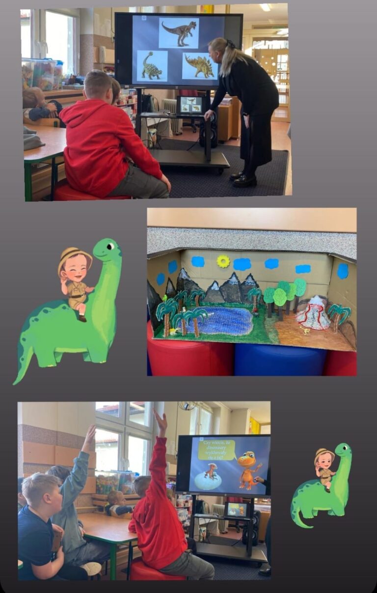 Kolaż przedstawia sceny z Dnia Dinozaura w klasie szkolnej. 1. Lekcja o dinozaurach – nauczycielka prowadzi prezentację na dużym ekranie, pokazując dzieciom ilustracje różnych dinozaurów. Uczniowie uważnie słuchają i oglądają slajdy. 2. Aktywne uczestnictwo – na jednym ze zdjęć dzieci podnoszą ręce, prawdopodobnie odpowiadając na pytanie wyświetlone na ekranie: "Czy wiesz, że dinozaury wyginęły nagle?". 3. Makieta prehistorycznego świata – kartonowa diorama przedstawiająca krajobraz z dinozaurami, wulkanem, górami, jeziorem i roślinnością. Jest to element dekoracyjny lub projekt wykonany przez uczniów. 4. Grafiki dinozaurów – kolaż wzbogacony jest o ilustracje uśmiechniętych dinozaurów z dziećmi na grzbiecie, co dodaje mu bajkowego klimatu. Całość dokumentuje edukacyjne i interaktywne zajęcia nawiązujące do świata dinozaurów.