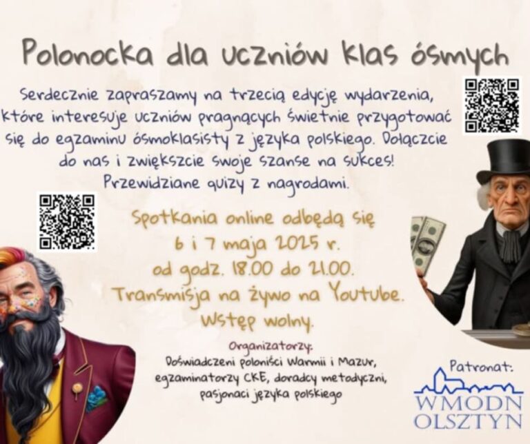 Zdjęcie informacyjne. Zapraszające uczniów na wydarzenie o nazwie Polonocka. Umieszczona na nim informacje o czasiei miejscu spotkania, kody qr, grafiki postaci literackich