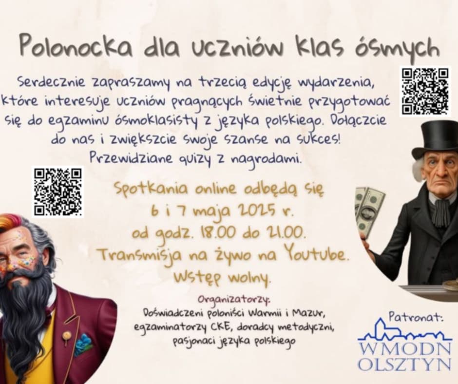 Zdjęcie informacyjne. Zapraszające uczniów na wydarzenie o nazwie Polonocka. Umieszczona na nim informacje o czasiei miejscu spotkania, kody qr, grafiki postaci literackich