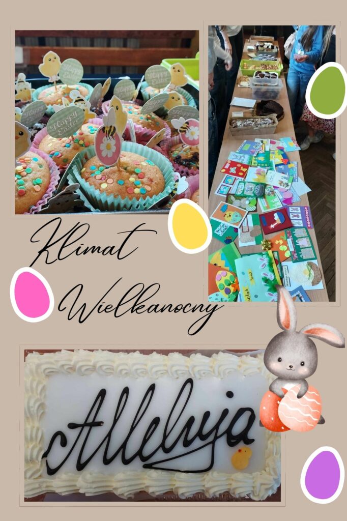 Zdjęcie to kolaż trzech zdjęć. Lewa górna część kolażu przedstawia :Tradycyjna wielkanocna babka z lukrem i posypką z orzechów. Prawa górna część: Tablica z zawieszonymi ręcznie wykonanymi ozdobami z włóczki. Widzimy m.in. szydełkowe kwiatki, jajeczka, zwierzątka (króliczki, kurczaczki), serduszka – wszystko w pastelowych, wiosennych kolorach. Dolna część: Kolekcja kolorowych, ręcznie wykonanych kartek wielkanocnych. Kartki ozdobione są różnorodnymi technikami: wycinanki, rysunki, naklejki, wstążki, kokardki. Na kartkach widoczne napisy typu: „Wesołych Świąt”, „Wesołego Alleluja”, „Happy Easter”, a także motywy religijne i wiosenne. Dodatki graficzne: Napis „Klimat Wielkanocny” w eleganckim stylu. Kolorowe pisanki i rysunkowy kurczaczek wychodzący z jajka w centralnej części – bardzo uroczy akcent.