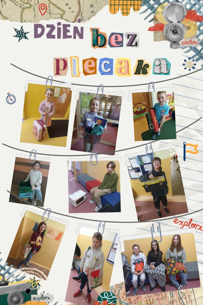 1. Zdjęcie to kolaż. Na zdjęciu przedstawiono uczniów uczestniczących w szkolnym wydarzeniu "Dzień bez plecaka". Dzieci przyniosły swoje przybory szkolne w zamiennikach tradycyjnych plecaków.Widoczne są m.in. walizki dziecięce i podróżne, skrzynki i pudełka kartonowe oraz plastikowe, garnek, mikrofalówka, wiadro, poduszki i poszewki, torby sportowe i reklamówki, skrzynka narzędziowa. Uczniowie pozują indywidualnie, w parach lub małych grupach. Zdjęcia zostały ułożone w kolaż i ozdobione elementami graficznymi nawiązującymi do podróży i eksploracji.