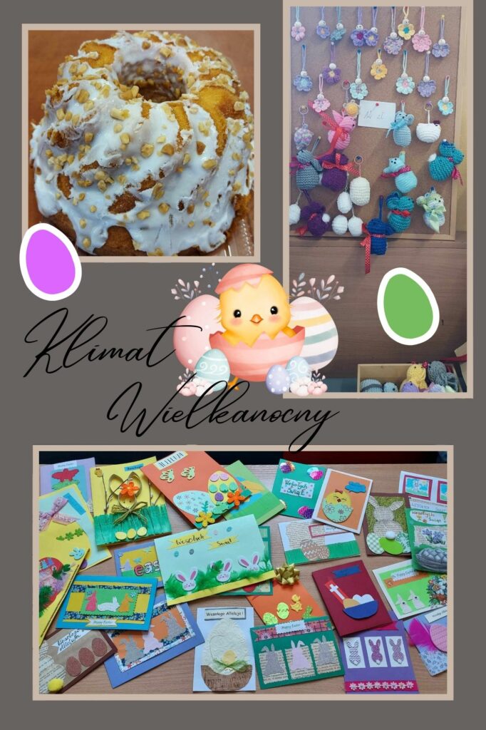 Zdjęcie to kolaż trzech zdjęć .Lewa górna część to : Kolorowe babeczki udekorowane posypką i papierowymi ozdobami w kształcie żółtych kurczaczków i jajeczek z napisem „Happy Easter”.Babeczki znajdują się w pastelowych papilotkach, tworząc bardzo wiosenny i wielkanocny klimat.Prawa górna część: Stół pełen wypieków oraz kolorowych kartek wielkanocnych. Widzimy ludzi, którzy biorą udział w kiermaszu lub świątecznym wydarzeniu.Na stole znajdują się ciasta i różnorodne, ręcznie wykonane kartki z życzeniami. Dolna część: Mazurek pokryty białym lukrem i ozdobiony napisem „Alleluja” wykonanym z czekolady. Brzegi ciasta zdobi kremowa, fantazyjna dekoracja.Obok ciasta widoczny jest uroczy rysunek króliczka z pisanką. Napisy i dodatki graficzne: Elegancki napis: „Klimat Wielkanocny”. Kolorowe pisanki jako graficzne elementy ozdobne.