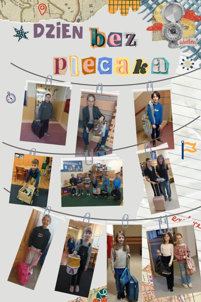 2. Na zdjęciu przedstawiono uczniów biorących udział w szkolnym wydarzeniu "Dzień bez plecaka". Zamiast tradycyjnych tornistrów, dzieci przyniosły przybory szkolne w nietypowych pojemnikach i przedmiotach codziennego użytku. Widoczne są m.in.: walizki na kółkach, skrzynki drewniane i plastikowe, kosze wiklinowe, wiadro po farbie, torby sportowe i podróżne, pudełka prezentowe, torby IKEA, kurtka użyta jako torba, przezroczysta torba, taca. Uczniowie pozują pojedynczo, w parach lub w grupach. Zdjęcia są rozmieszczone w formie kolażu, ozdobionego motywami graficznymi związanymi z podróżą i przygodą.