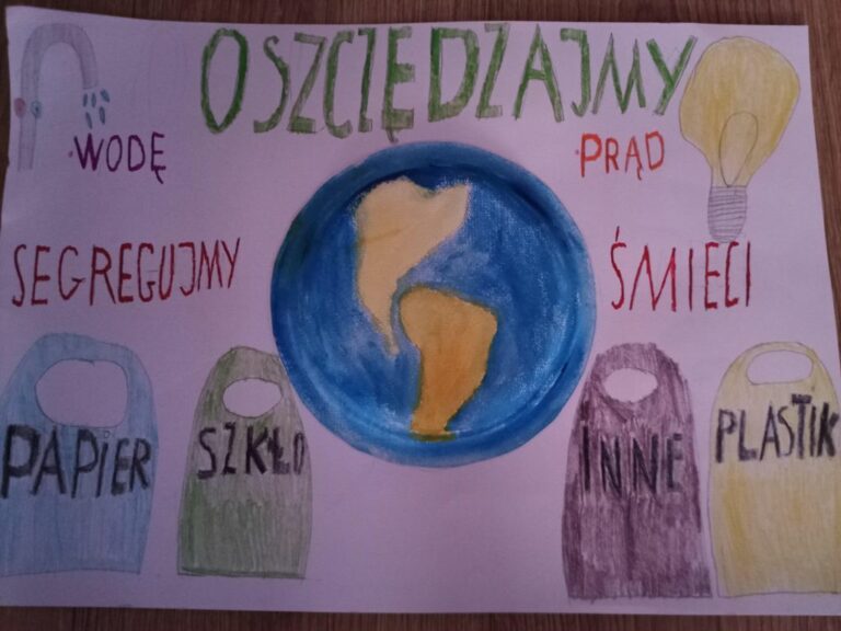 plakat przedstawiający kule ziemską i metody segregacji śmieci