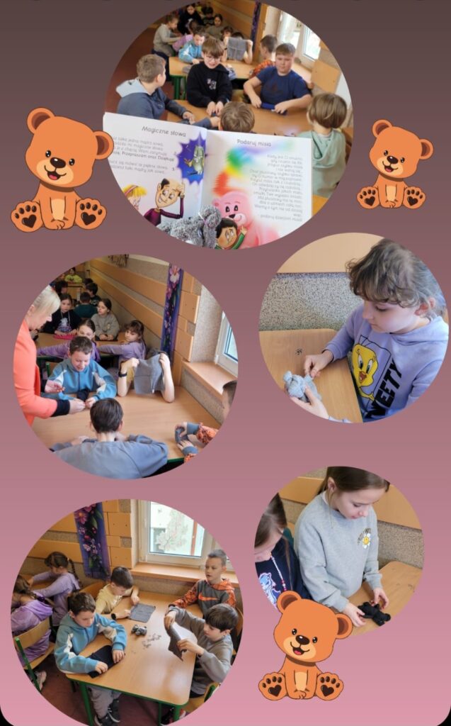 Zdjęcie przedstawia serię fotografii dokumentujących zajęcia rękodzielnicze dla dzieci. Na zdjęciach widać dzieci w różnym wieku, skupione na tworzeniu małych pluszaków. Zdjęcia pokazują różne etapy pracy – od wspólnego czytania książki (prawdopodobnie z instrukcją) po indywidualne tworzenie zabawek. Widać zaangażowanie dzieci i przyjemną, twórczą atmosferę. Na kilku zdjęciach pojawia się motyw misia, który może być symbolem zajęć lub maskotką. Ogólnie, zdjęcia tworzą spójną narrację, pokazującą przebieg warsztatów rękodzielniczych dla dzieci.