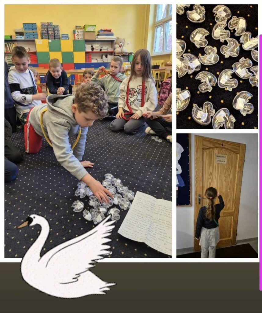 Uczniowie uczestniczą w zajęciach z wykorzystaniem figurek łabędzi – wspólnie rozwiązują zadanie, a następnie przedstawicielka klasy udaje się do gabinetu dyrektora.