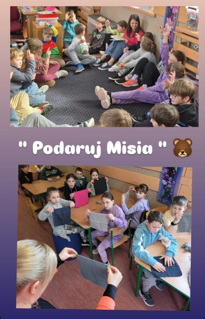 Zdjęcie przedstawia dwa ujęcia z warsztatów szycia pluszaków dla dzieci. Górne zdjęcie pokazuje grupę dzieci siedzących w kręgu na podłodze, skupionych na zajęciach. Dolne zdjęcie pokazuje dzieci siedzące przy stołach, pracujące nad swoimi pluszakami pod okiem dorosłej osoby, która prezentuje kawałek materiału. Na obu zdjęciach widać zaangażowanie dzieci i przyjazną atmosferę. Zdjęcia sugerują, że warsztaty są dobrze zorganizowane i prowadzone w sposób angażujący dla uczestników. Całość jest opatrzona tytułem "Podaruj Misia...", co wskazuje na cel charytatywny lub świąteczny charakter zajęć.