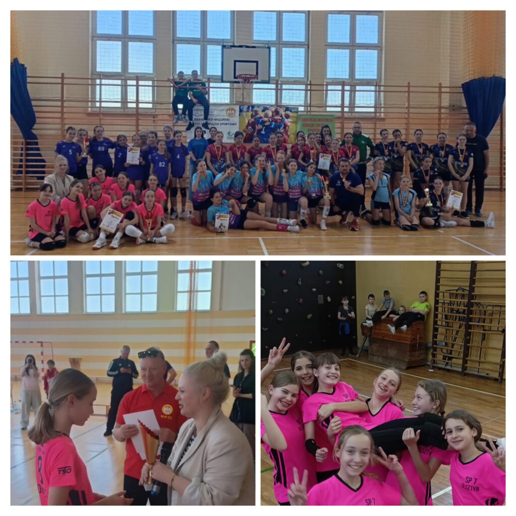 • Na pierwszym zdjęciu (u góry): Widzimy dużą grupę dziewcząt, uczestniczek zawodów siatkarskich, zgromadzoną na hali sportowej. Dziewczyny mają na sobie różnokolorowe stroje sportowe i prezentują medale oraz puchary zdobyte w turnieju. W tle widać też baner związany z wojewódzkimi zawodami sportowymi. • Na drugim zdjęciu (na dole po lewej): Jedna z zawodniczek w różowej koszulce (drużyna SP 7 Olsztyn) odbiera puchar i gratulacje od organizatorów zawodów – mężczyzny w czerwonej koszulce i kobiety w jasnej marynarce. • Na trzecim zdjęciu (na dole po prawej): Dziewczęta z drużyny w różowych koszulkach świętują sukces, pozując radośnie do zdjęcia – trzymają jedną z koleżanek „na barana”, pokazując przy tym uśmiechy i gesty zwycięstwa. Zdjęcia pełne są pozytywnej energii, radości ze wspólnej rywalizacji sportowej