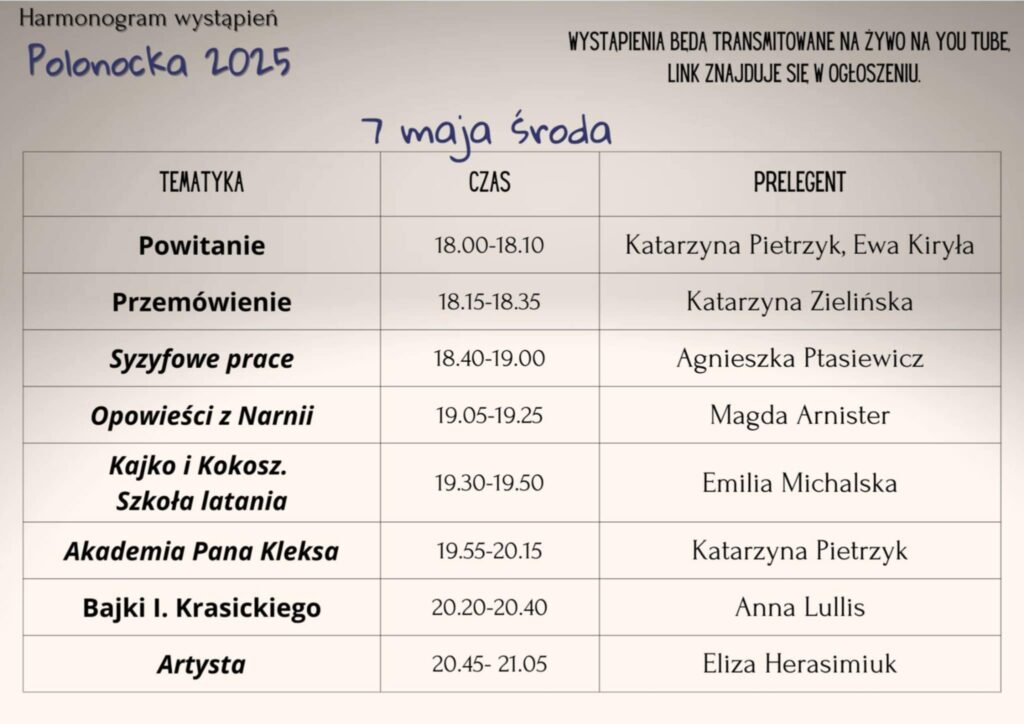 Zdjęcie przedstawia tabelkę z harmonogramem wydarzeń