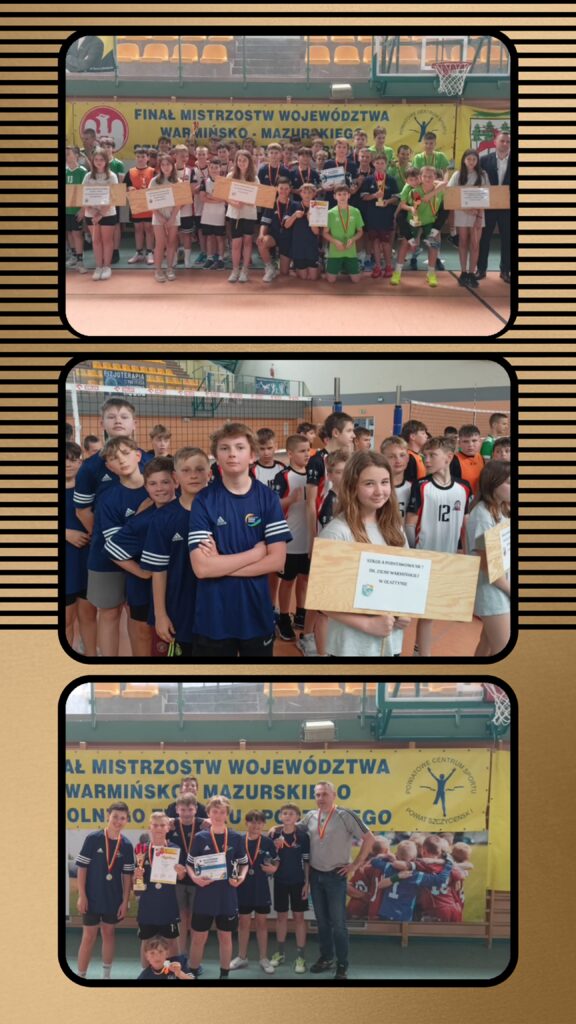 Na pierwszym zdjęciu (u góry): Widać dużą grupę uczestników stojących razem pod banerem „Finał Mistrzostw Województwa Warmińsko-Mazurskiego”. Uczestnicy trzymają dyplomy, medale i puchary, prezentując swoje sukcesy. • Na drugim zdjęciu (w środku): Drużyny ustawione są w szeregu na hali sportowej. Na pierwszym planie chłopcy w niebieskich koszulkach oraz dziewczynka trzymająca tablicę z napisem „Szkoła Podstawowa nr 7 im. Jana Pawła II w Olsztynie”. W tle stoją inne zespoły w różnych strojach. • Na trzecim zdjęciu (na dole): Chłopcy w niebieskich koszulkach z trenerem ponownie pozują pod banerem zawodów, trzymając puchar, dyplomy i nagrody, co wskazuje na zdobycie wysokiego miejsca w turnieju. Zdjęcia pokazują sportową rywalizację i sukcesy młodych siatkarzy w prestiżowych mistrzostwach wojewódzkich.