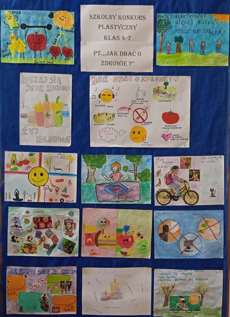 Zdjęcie przedstawia prace plastyczne uczniów klas 4-7, którzy wykonywali je w ramach lekcji plastyki na Szkolny Konkurs Plastyczny pt.,,Jak dbać o zdrowie?’’ . Prace ułożone są w pięciu rzędach, są to plakaty, ilustracje, które przedstawiają w jaki sposób należy dbać o zdrowie fizyczne i psychiczne , ukazują różne aspekty zdrowego stylu życia m.in.: dbanie o odpowiedni długi sen, odpoczynek i regenerację, zdrowe odżywianie, prawidłowe nawyki żywieniowe, aktywność fizyczna, przebywanie na świeżym powietrzu, dbanie o relacje z innymi ludźmi, spędzanie czasu z rodziną, spotkania ze znajomymi, ograniczenie urządzeń elektronicznych, działania mające na celu opanowanie stresu, takie jak medytacja, relaksacja, czas na hobby czy rozwijanie umiejętności radzenia sobie z emocjami.