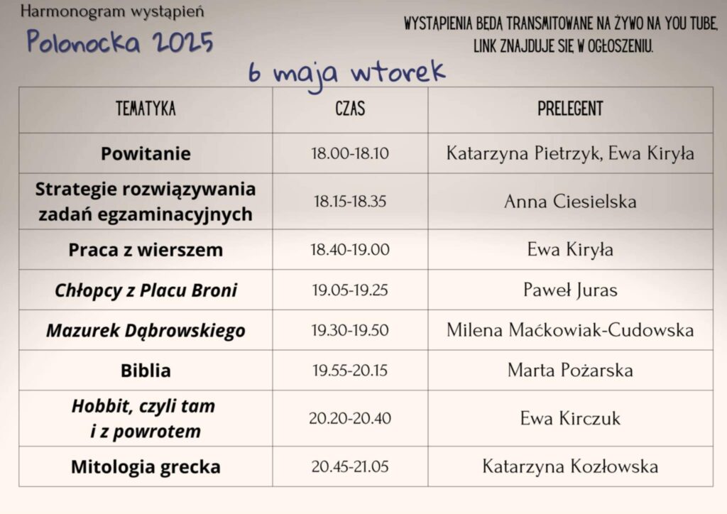 Zdjęcie przedstawia tabelkę z harmonogramem wydarzeń