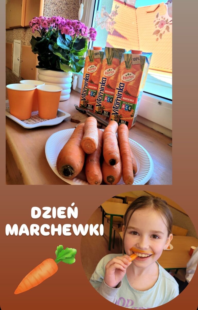 Zdjęcie przedstawia scenę z obchodów Dnia Marchewki. Na pierwszym planie widzimy talerzyk z kilkoma marchewkami, trzy pomarańczowe kubeczki i trzy kartoniki soku marchewkowego „Vitaminka” firmy Hortex. W tle znajduje się doniczka z kwiatami. Na dole zdjęcia jest dziewczynka, która trzyma w ręku kawałek marchewki i ma jej resztki na twarzy. Całość sugeruje radosną i zdrową atmosferę wydarzenia.