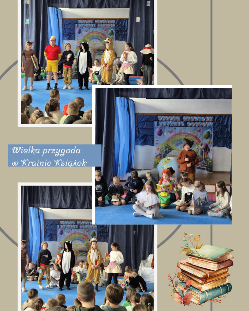 Na kolażu widzimy fragmenty szkolnego przedstawienia pt. „Wielka przygoda w Krainie Książek”. W centralnej części każdej sceny można zauważyć dzieci przebrane za znanych bohaterów literackich. Wśród postaci rozpoznajemy m.in. Kubusia Puchatka, Pippi Pończoszankę i inne postacie z klasycznych książek dla dzieci. Tło sceniczne przedstawia kolorową ilustrację z bajkowymi elementami: motylami, książkami, tęczą i domkiem, co dodatkowo podkreśla magiczną atmosferę spektaklu. Widzimy również, że uczniowie siedzą na niebieskiej macie, a na widowni zasiedli rówieśnicy – uważnie śledzący występ. Całość opatrzona została napisem w eleganckiej czcionce: „Wielka przygoda w Krainie Książek”.