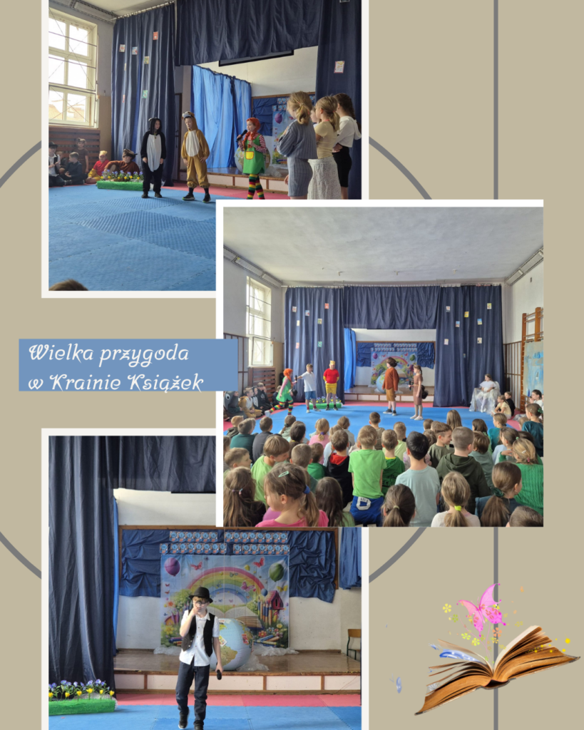 Na drugim kolażu ze szkolnego przedstawienia „Wielka przygoda w Krainie Książek” uchwycono kolejne sceny pełne barw, ruchu i literackiej magii. Na zdjęciach widać uczniów klasy III B przebranych za bohaterów znanych książek – ponownie pojawiają się postacie takie jak Kubuś Puchatek, Pippi, Zła Królowa Śniegu, żubr, a także postać w stroju wiejskiego chłopca lub pastuszka. Dzieci z zaangażowaniem odgrywają swoje role na tle kolorowej scenografii, na której znajduje się bajkowa tęcza, książki i wielki globus. W jednej ze scen widzimy także publiczność – uczniów innych klas, którzy z zaciekawieniem obserwują występ. Ich skupienie i uśmiechy świadczą o tym, że przedstawienie zrobiło duże wrażenie.