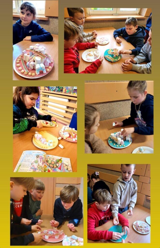 Na kolażu zdjęć widzimy uczniów biorących udział w kreatywnych zajęciach inspirowanych wierszem „Kraina słodyczy” z serii „RyMy dla dzieci”. Dzieci, pracując w parach i grupach, budują fantazyjne konstrukcje ze słodyczy: pianek, cukierków, drażetek i żelków. Kolorowe kompozycje powstają na waflowych podkładkach i nawiązują do bajkowego świata opisanego w wierszu. Na jednym ze zdjęć widać też książkę otwartą na stronie z ilustracją i tekstem „Krainy słodyczy”, co wskazuje, że działania plastyczne były bezpośrednio połączone z czytelnictwem. Dzieci pracują z zaangażowaniem, rozwijając przy tym swoją wyobraźnię, zdolności manualne oraz współpracę w grupie. Całość to część innowacyjnego projektu edukacyjnego „RyMy w Siódemce gościmy!”, który łączy literaturę dziecięcą z działaniami praktycznymi i kreatywnymi.