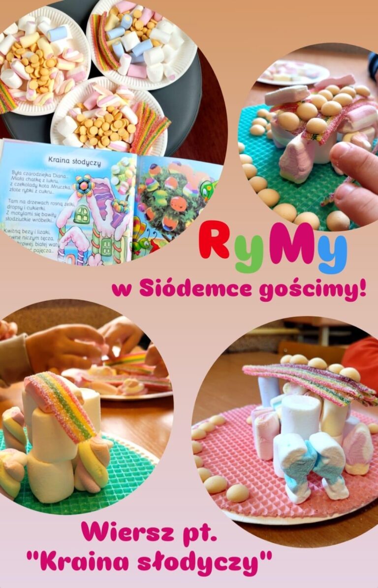 Na zdjęciu widzimy kolejną odsłonę projektu edukacyjnego „RyMy w Siódemce gościmy!”, tym razem opartego na wierszu pt. „Kraina słodyczy” autorstwa Moniki Kajdy. Fotografie przedstawiają: Fragment książki z bajecznie ilustrowanym wierszem „Kraina słodyczy”. Talerzyki pełne kolorowych słodyczy: pianki, żelki, drażetki i paski cukrowe. Kreatywne prace dzieci, które z dostępnych słodkości budują własne „domki z cukru” — kolorowe konstrukcje na wafelkowych podkładkach, przypominające sceny z bajki. Zajęcia łączą czytanie z aktywnością plastyczną, rozwijając wyobraźnię i zdolności manualne dzieci. To przykład ciekawej innowacji pedagogicznej, w której literatura dziecięca staje się inspiracją do twórczej zabawy.