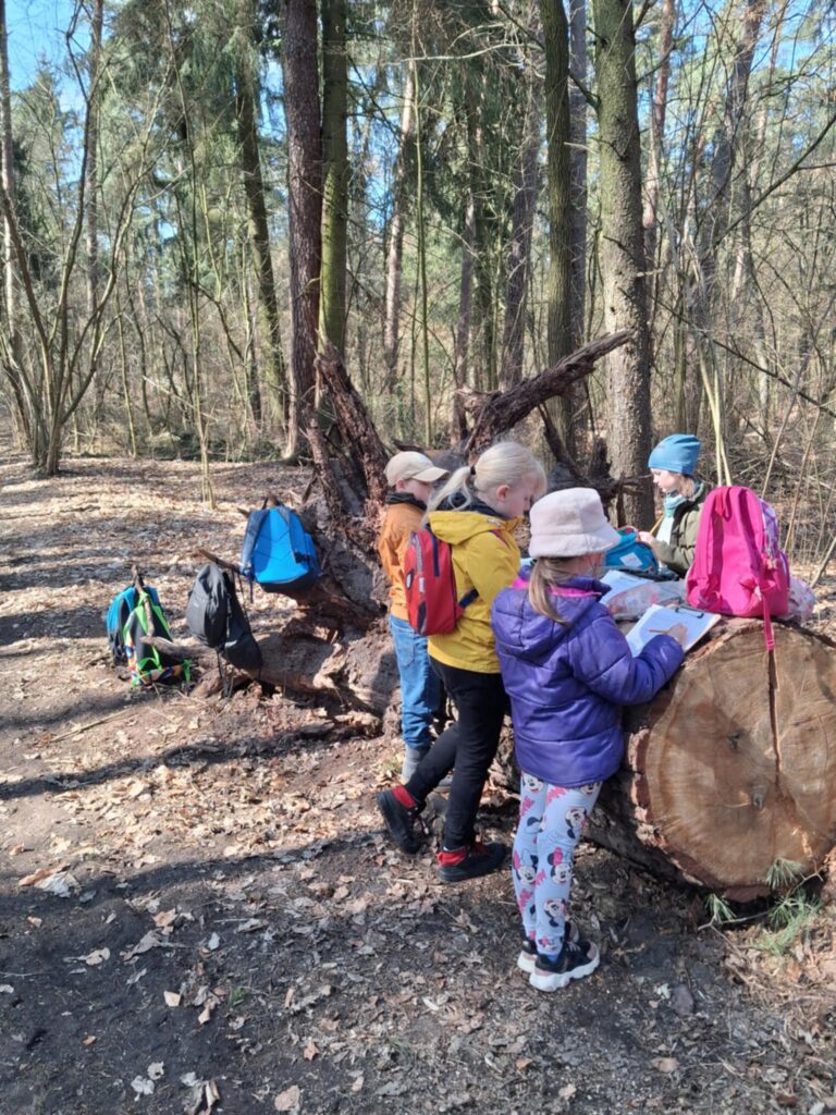 Dzieci uczestniczą w lekcji przyrody na świeżym powietrzu, w lesie. Stoją obok pni drzewa i notują obserwacje w zeszytach. Uczniowie są skupieni i zaangażowani w pracę, a atmosfera wydaje się przyjazna i twórcz. W tle widać drzewa i naturalne otoczenie, które sprzyja nauce poprzez bezpośredni kontakt z przyrodą.