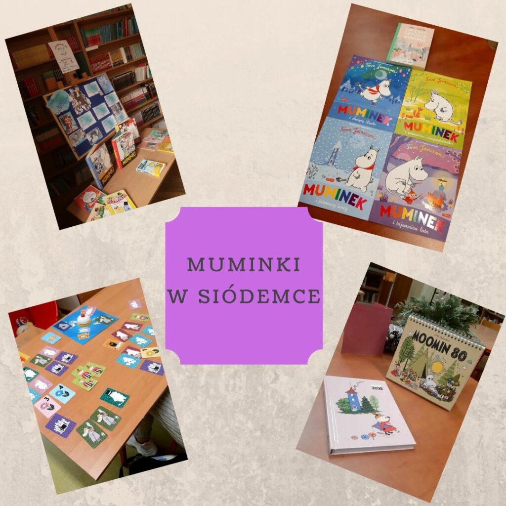 zdjęcie to kolaż czterech zdjęć. Pierwsze zdjęcie przedstawia bibliotekę w której umieszczono gazetkę tematyczną a pod nią stolik z książkami. Drugie zdjęcie to fotografia pięciu książek o tytule Muminek. Czwarte Zdjęcie przedstawia karty rozłożone na stole na których to widnieją postaci z Muminków. Trzecie zdjęcie to kalendarz stojący kołowy na którym jest napis Mumin 80 oraz grafika Muminków obok niego leży kalendarz książkowy również z grafiką Muminków. Pośrodku zdjęcia widnieje napis Muminki w siódemce na fioletowym tle.