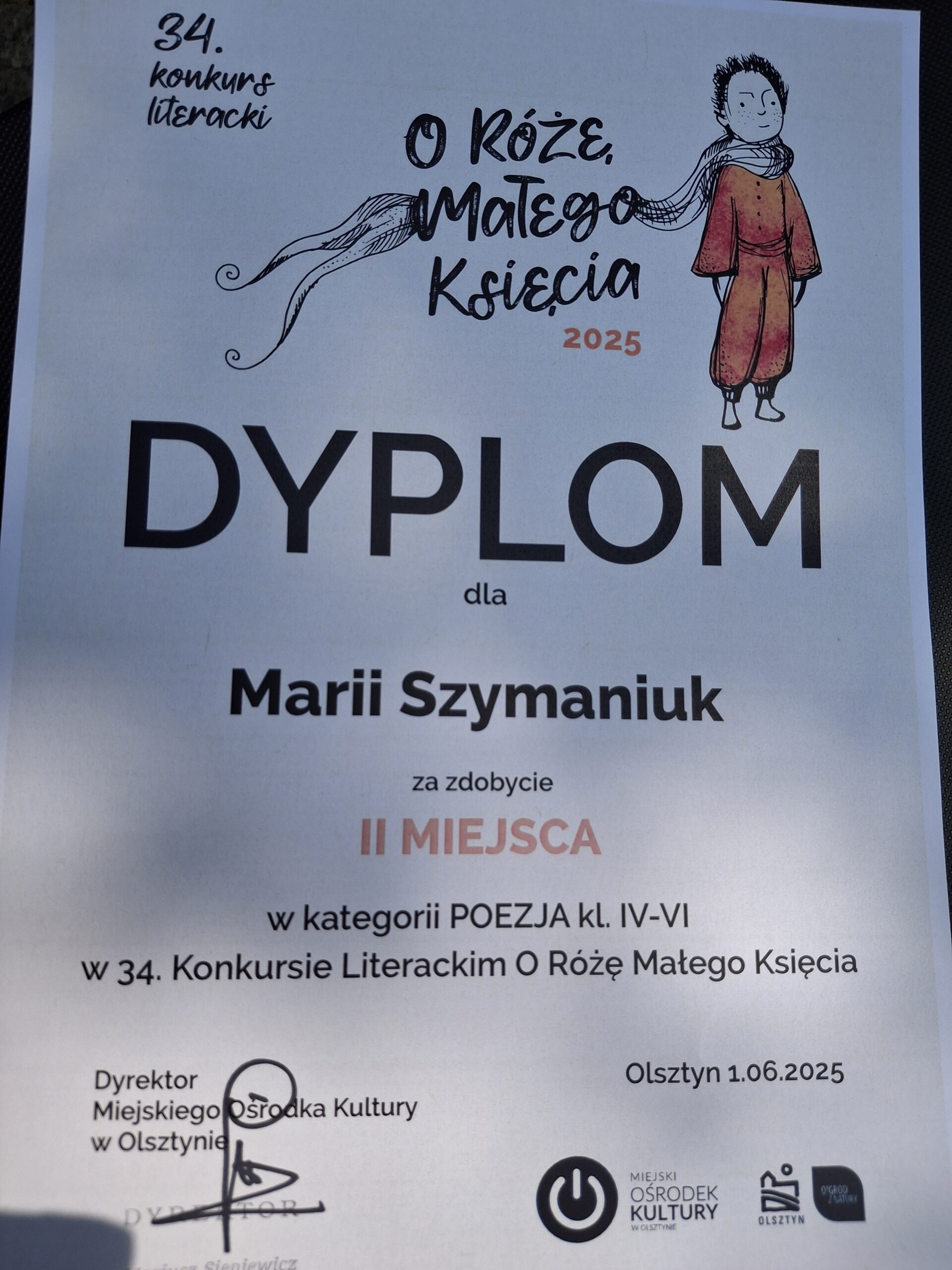 Zdjęcie to dyplom Marii Szymaniuk z 6 c za zajęcie II miejsce