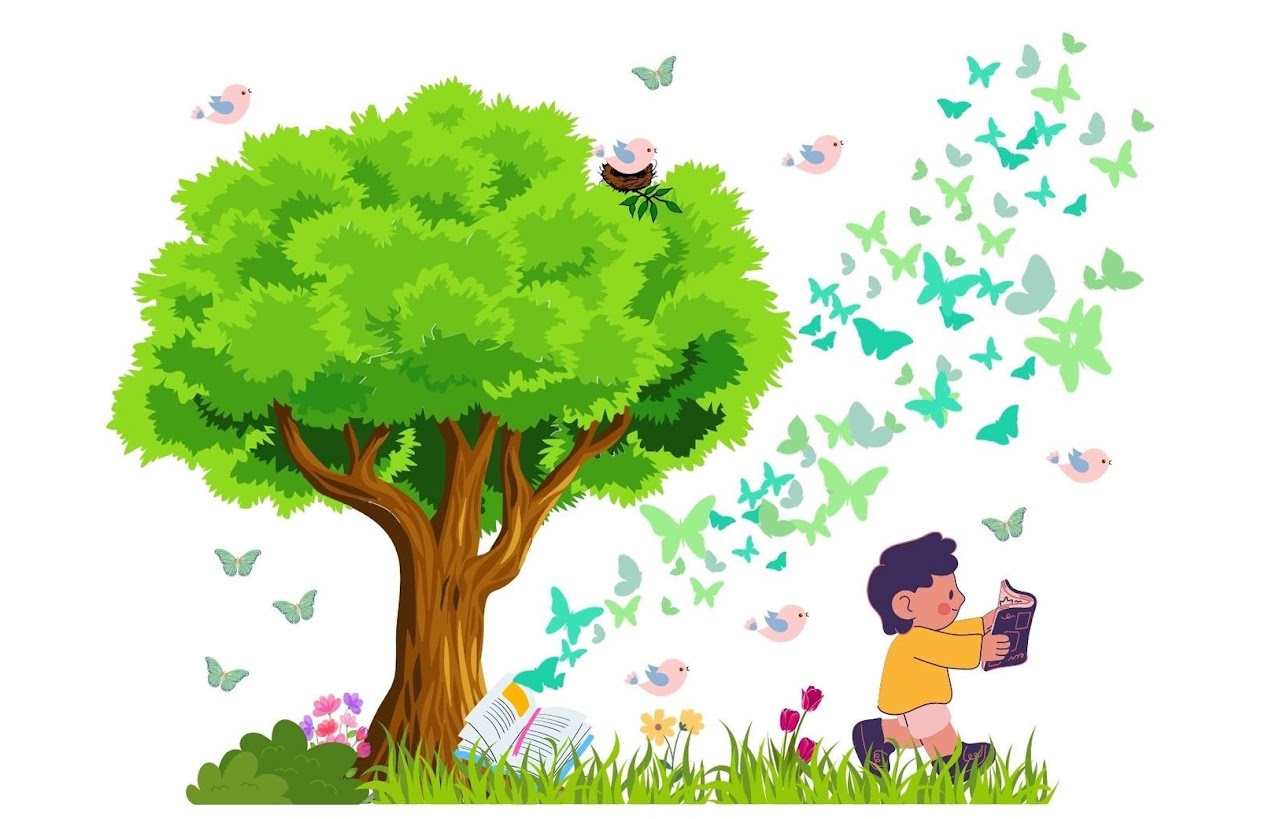 Zdjęcie to grafika przedstawiająca zielone duże drzewo wokół którego jest dużo kolorowych motyli. Przed drzewem jest chłopiec z książką