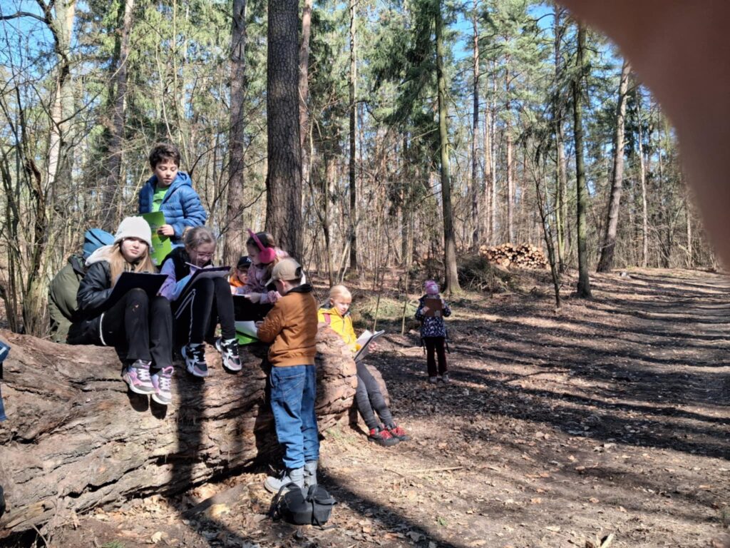 Dzieci uczestniczą w lekcji przyrody na świeżym powietrzu, w lesie. Siedzą na pniu drzewa i notują obserwacje w zeszytach. Uczniowie są skupieni i zaangażowani w pracę, a atmosfera wydaje się przyjazna i twórcza. W tle widać drzewa i naturalne otoczenie, które sprzyja nauce poprzez bezpośredni kontakt z przyrodą.