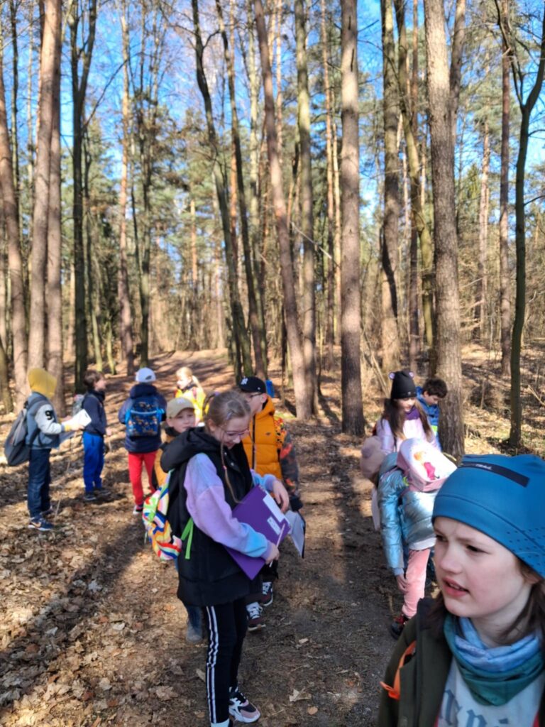 Dzieci stoją w lesie. Ustawione sa w rozsypce. Niektóre tzymają karki z notatkami. Rozglądają się z zaciekawieniem.